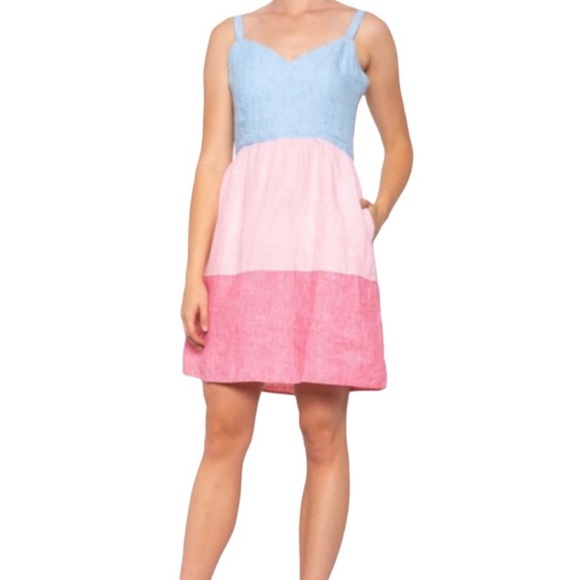 Cynthia Rowley 100% Linen Pink, Blue and Coral Color Block Sundress Size 8 - Picture 2 of 12